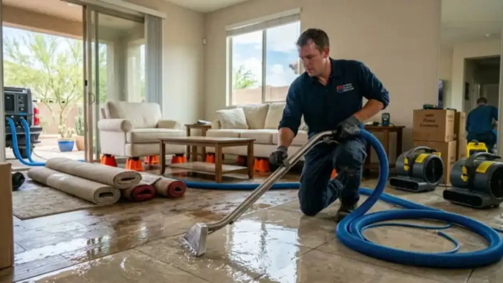 Restoration technician using an extraction wand and hoses on a wet living room floor with drying fans running